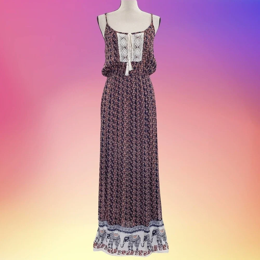 INDULGE In Style Boho Printed Crochet Maxi Dress
